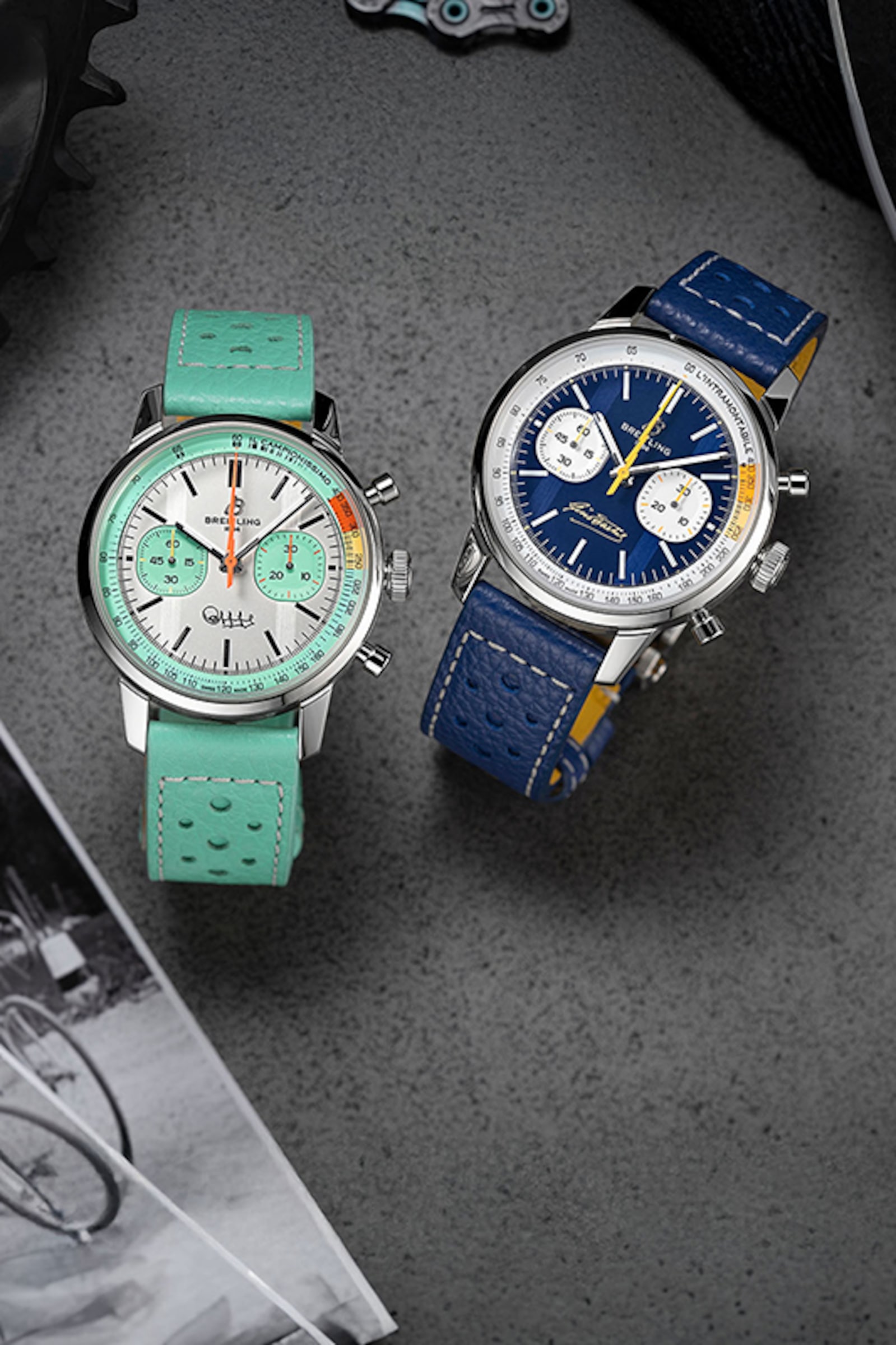 Three Top Time watches with different colored dials and straps on a shiny background.
