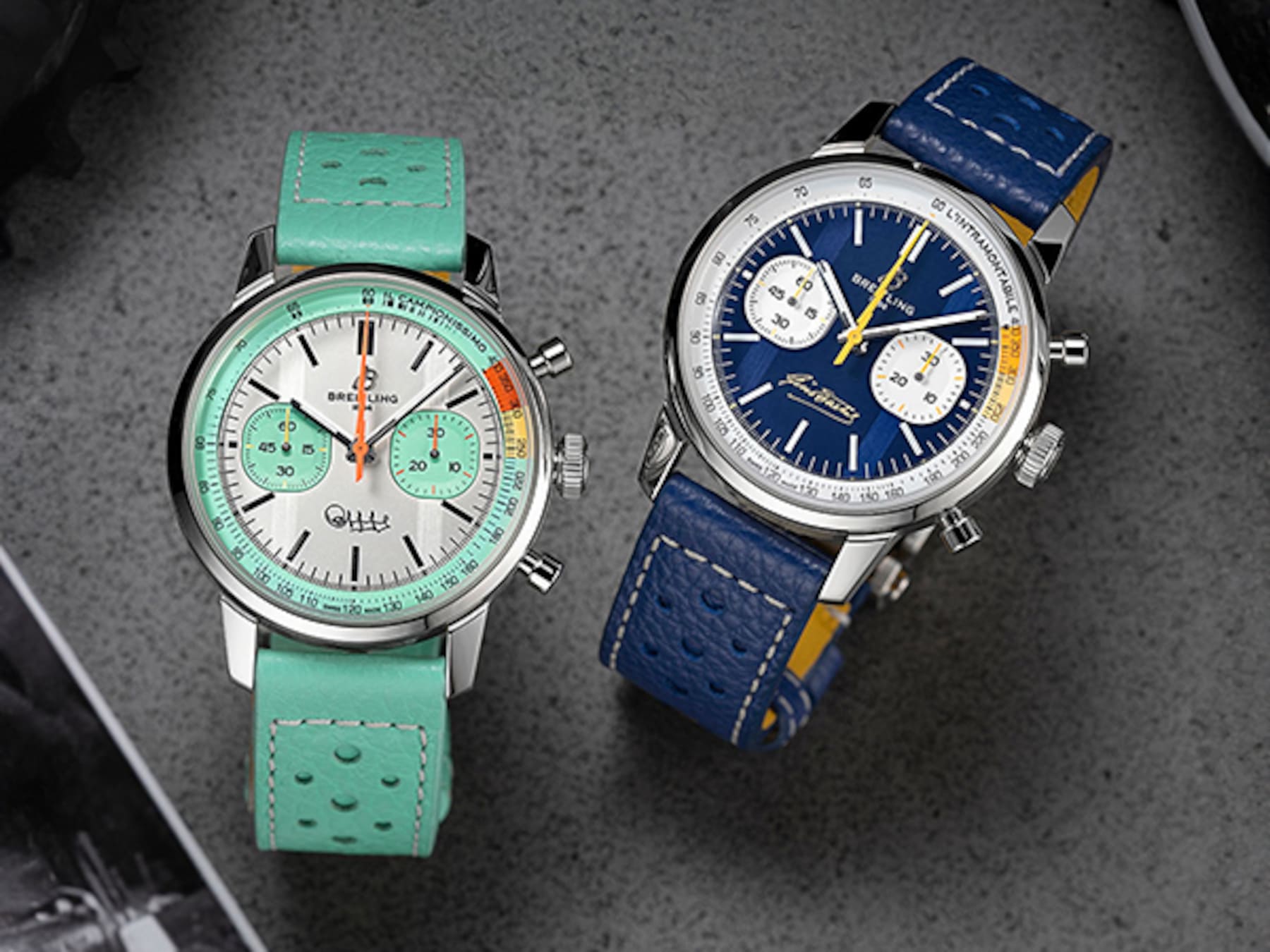 Three Top Time watches with different colored dials and straps on a shiny background.