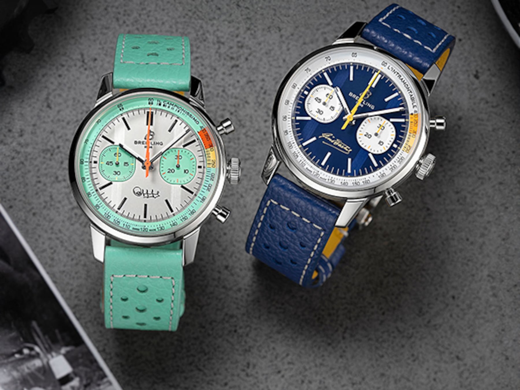 Three Top Time watches with different colored dials and straps on a shiny background.
