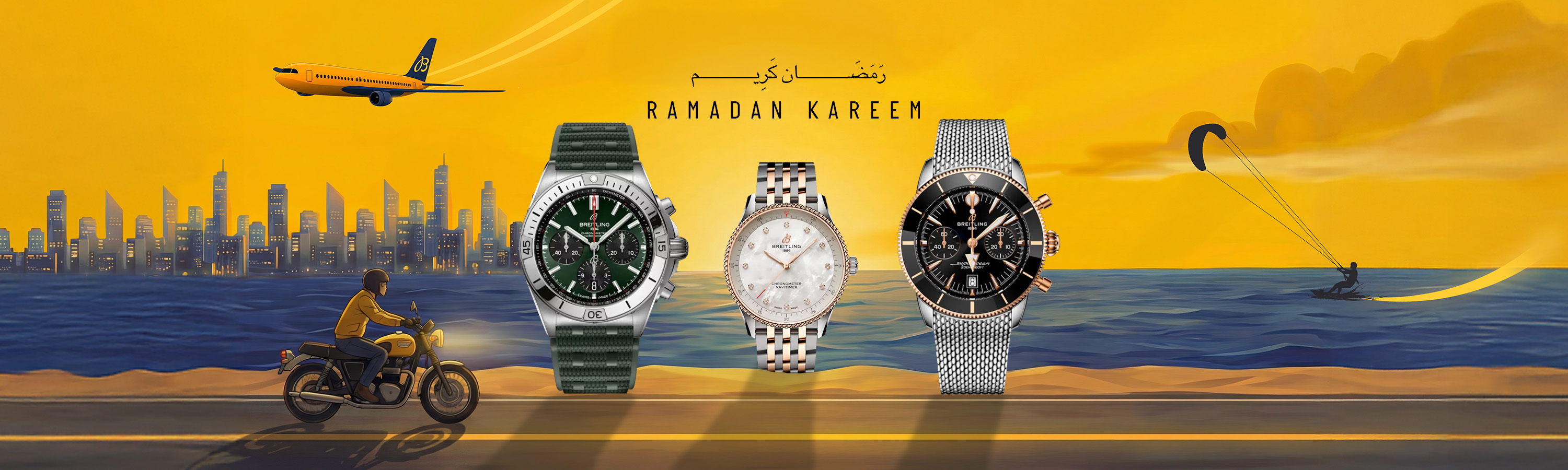 {generated} Breitling Superocean, Navitimer and Chronomat watches set against a Ramadan desert skyline with Eid Mubarak text