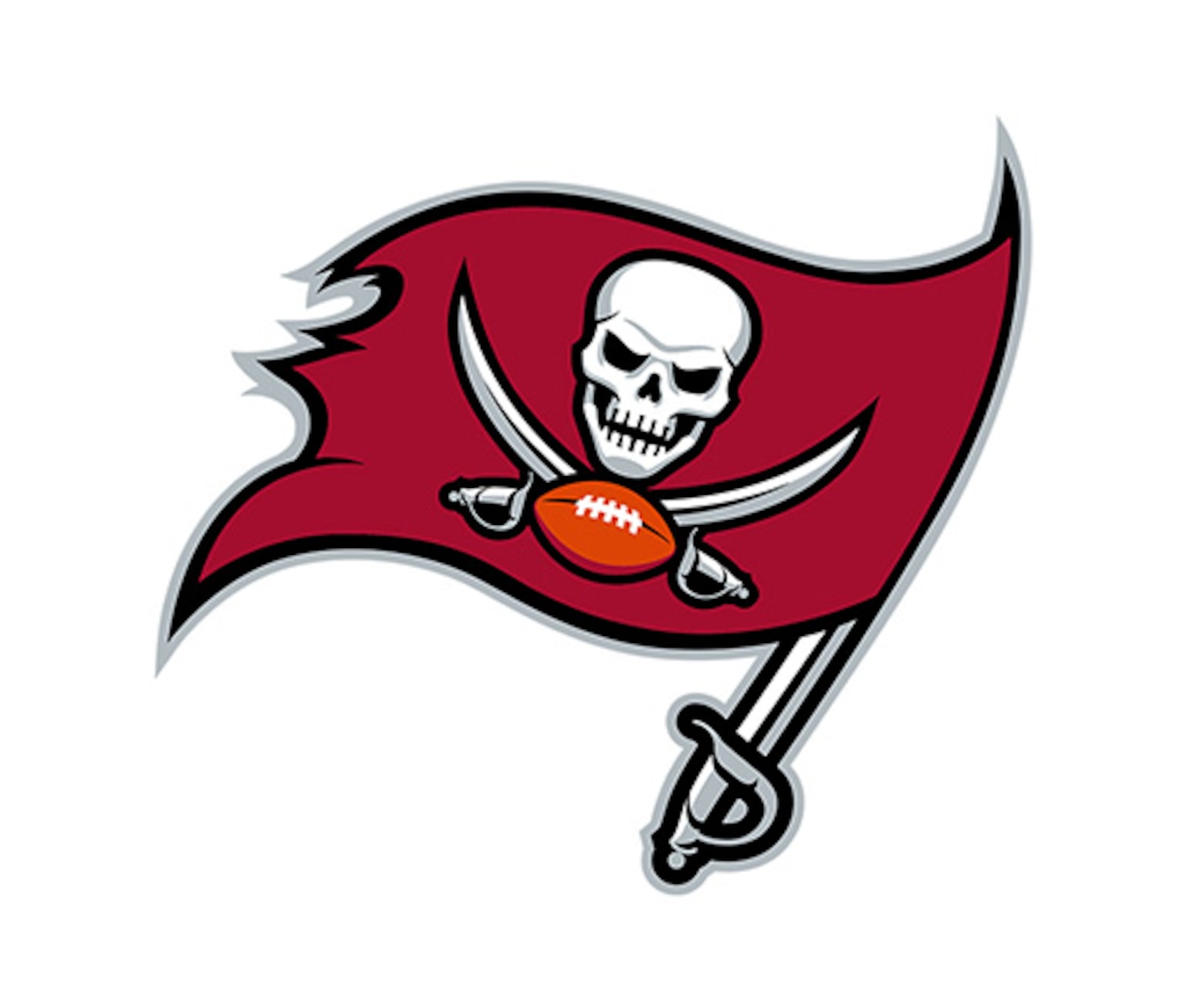 The logo of the NFL team Tampa Bay Buccaneers, a dark red flag with a skull and a football.