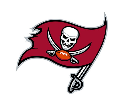 The logo of the NFL team Tampa Bay Buccaneers, a dark red flag with a skull and a football.