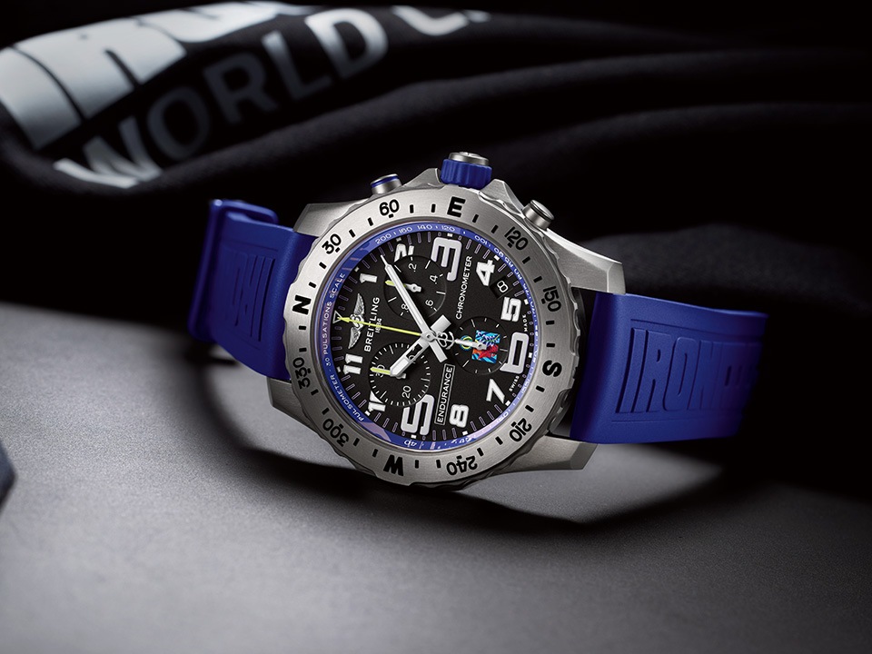 Close-up of the limited edition Breitling Endurance Pro 44 with blue strap for the current Ironman competition season