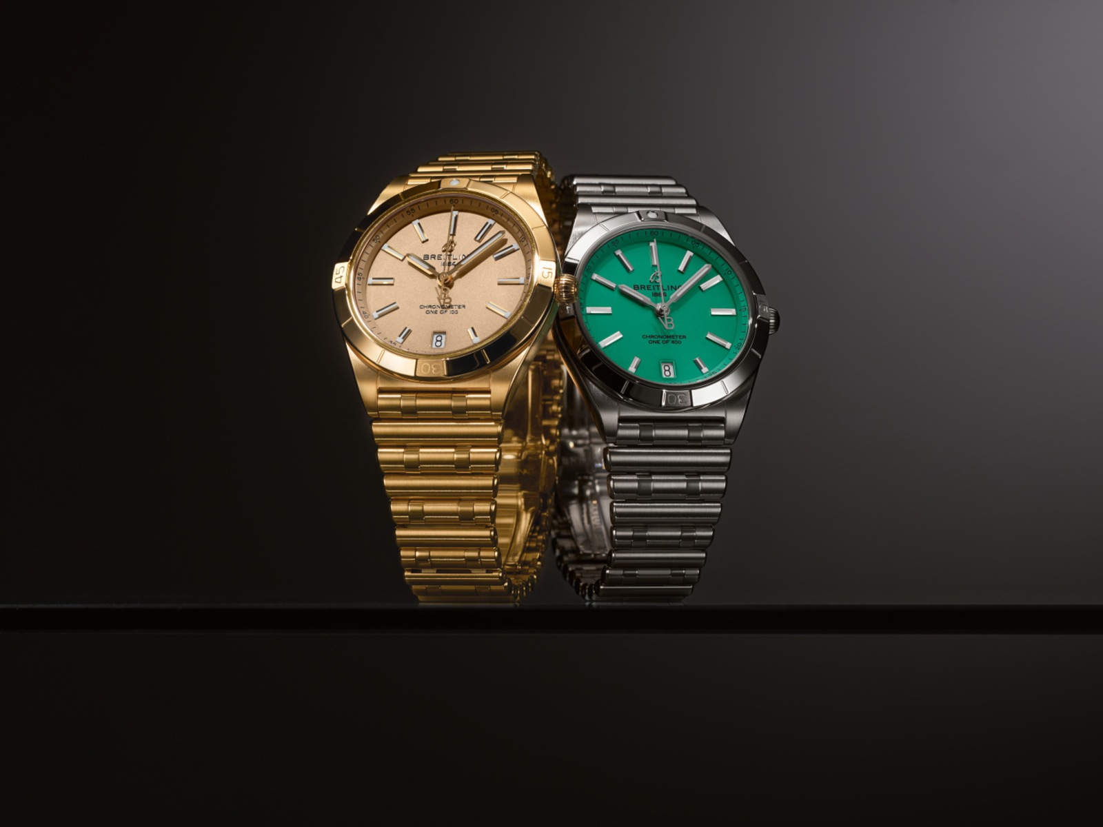 Two Victoria Beckham Breitling Chronomat 36 watches in yellow gold and steel