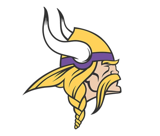 The logo of the NFL team Minnesota Vikings, a Viking with a yellow and purple Viking helmet.