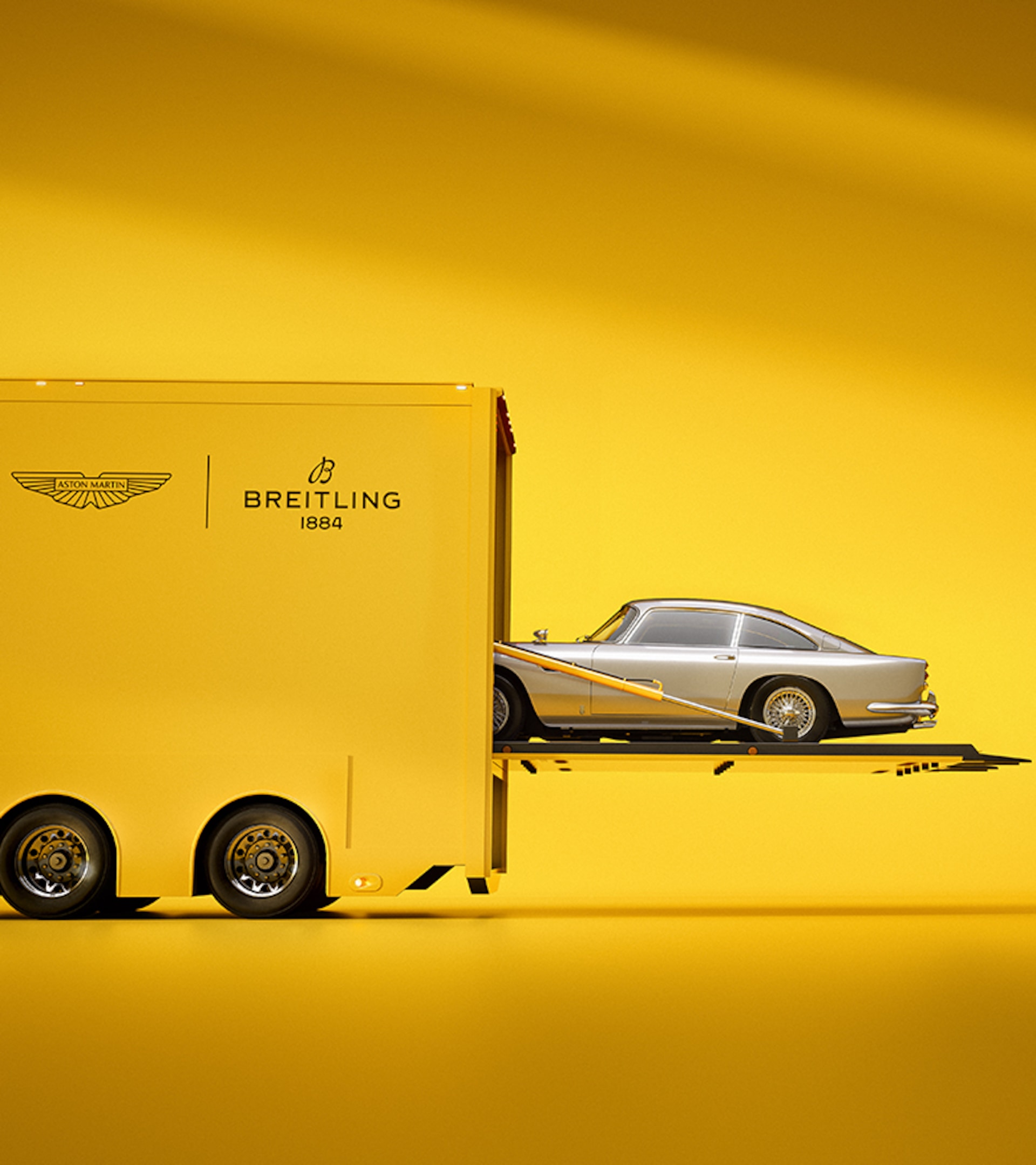 {generated} A sleek grey Aston Martin sports car in a dark studio setting, highlighting the Breitling partnership with refined style