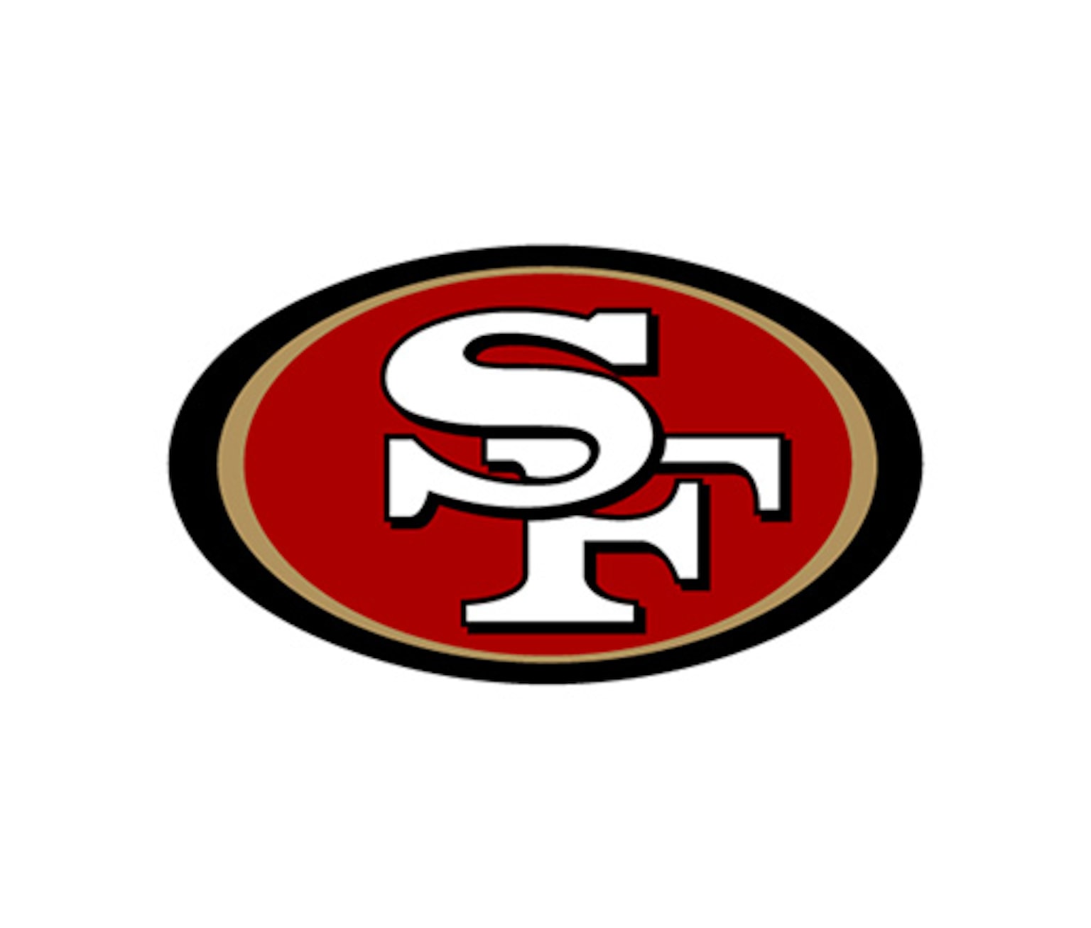 The logo of the NFL team San Francisco 49ers, the letters S and F in a red, gold and black circle.