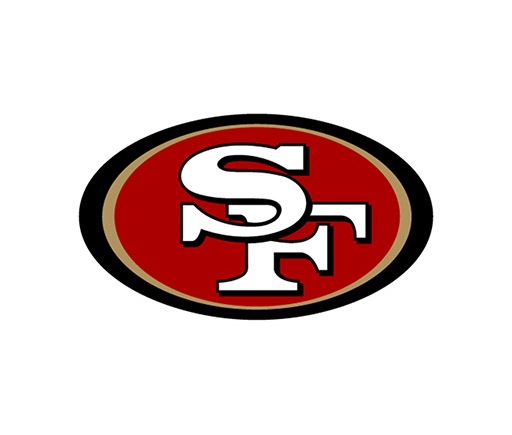 The logo of the NFL team San Francisco 49ers, the letters S and F in a red, gold and black circle.