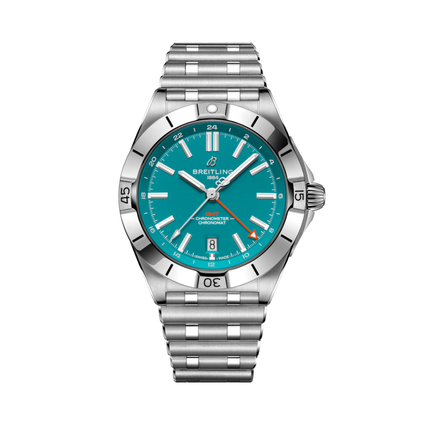 Chronomat Automatic GMT 40 NFL Miami Dolphins Edition, reference A32398B11L1A1. Link to product details.