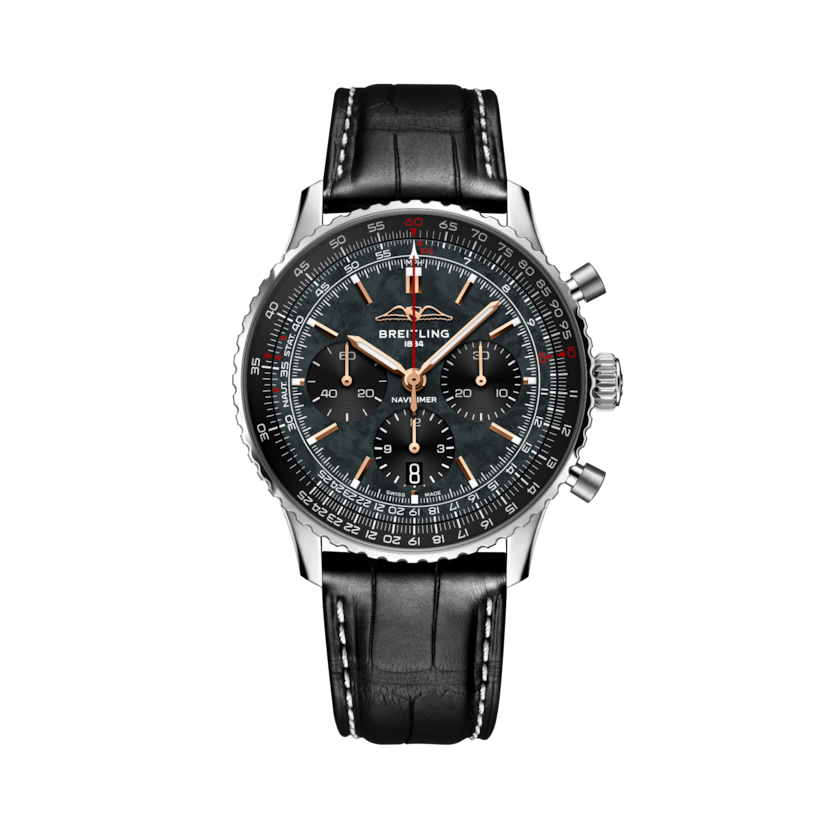 ナビタイマー B01 クロノグラフ 43 ジャパン エディション、リファレンス AB01381G1B1P1。 商品詳細ページへのリンク。