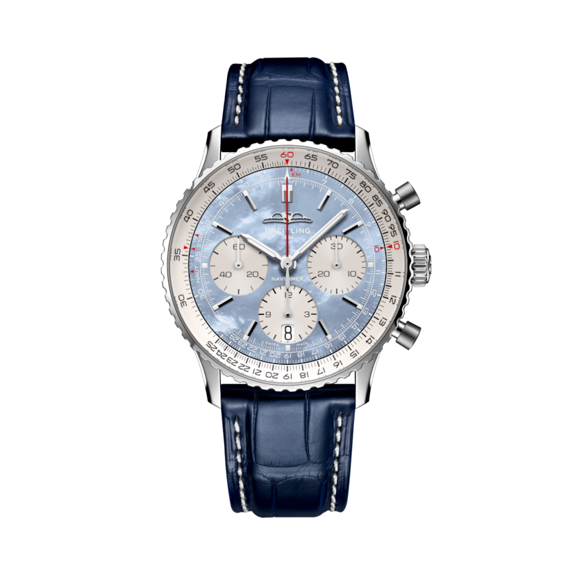 ナビタイマー B01 クロノグラフ 41 ジャパン エディション、リファレンス AB0139211C2P1。 商品詳細ページへのリンク。