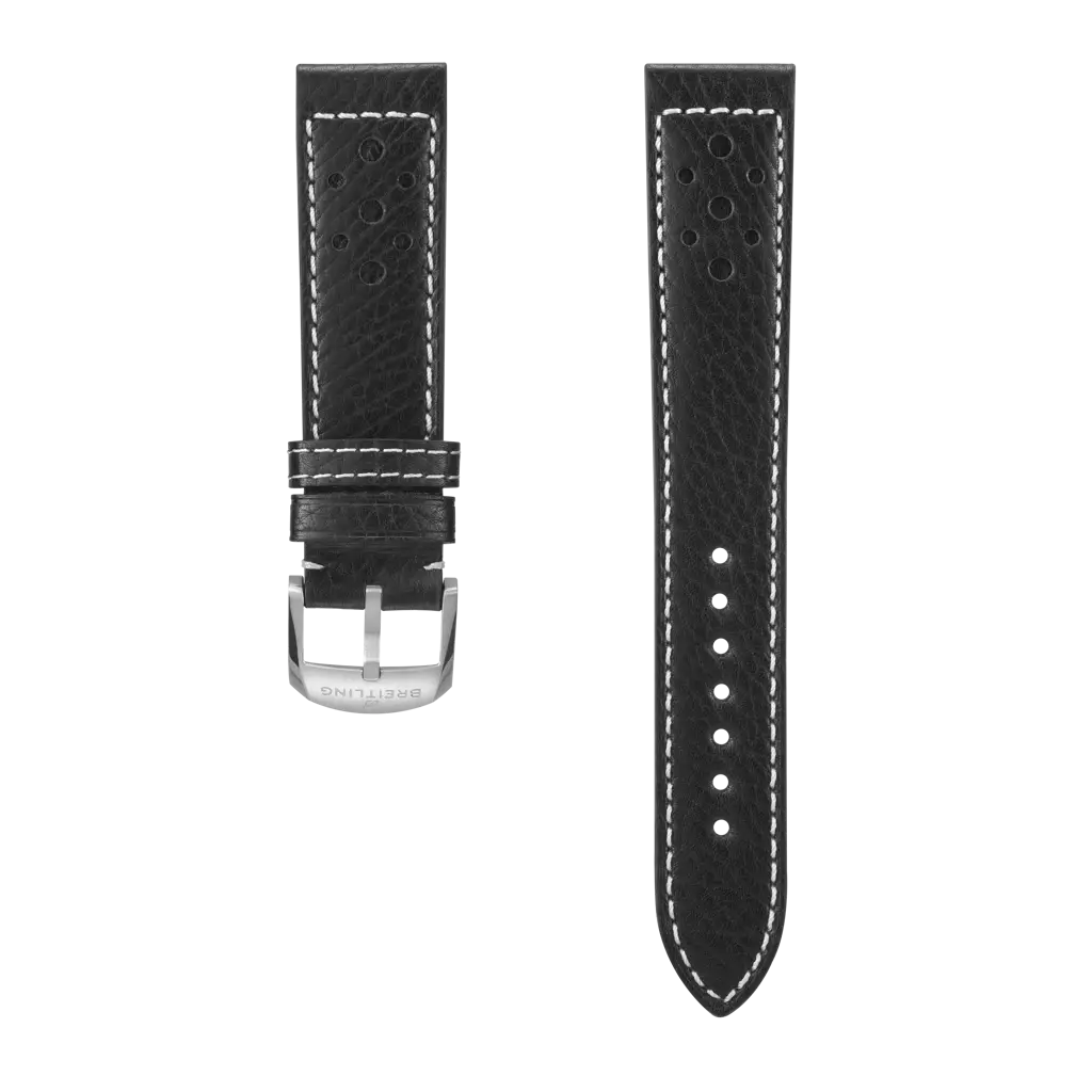 Black racing-themed calfskin leather strap - 643X - image 1