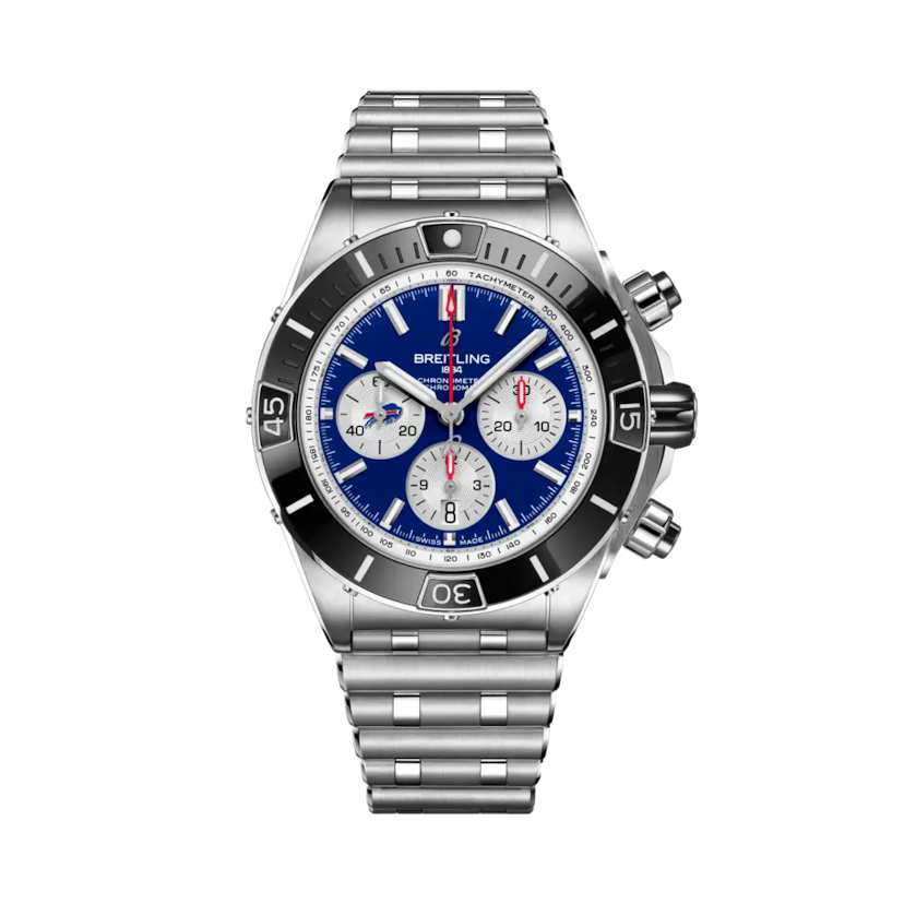 Super Chronomat B01 Chronograph 44 NFL Buffalo Bills Edition, reference AB01361C1C4A1. Link to product details.