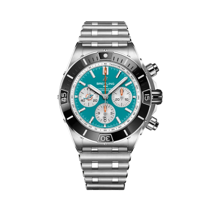 Super Chronomat B01 Chronograph 44 NFL Miami Dolphins, reference AB01361C1L2A1. Link to product details.