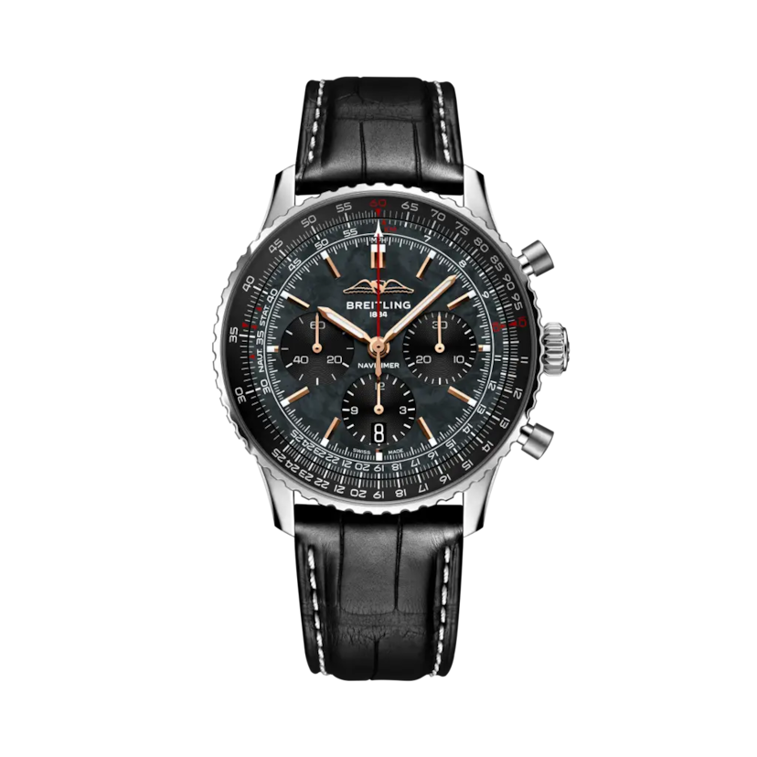 ナビタイマー B01 クロノグラフ 43 ジャパン エディション、リファレンス AB01381G1B1P1。 商品詳細ページへのリンク。