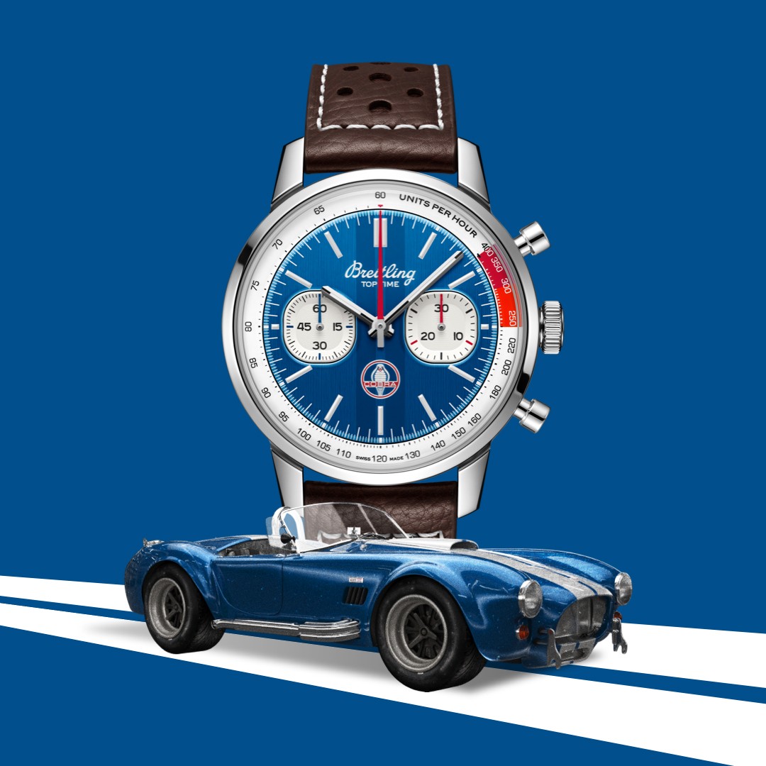 {generated} Breitling Top Time Shelby Cobra with blue dial matched with a classic blue Shelby Cobra car on a bold striped backdrop