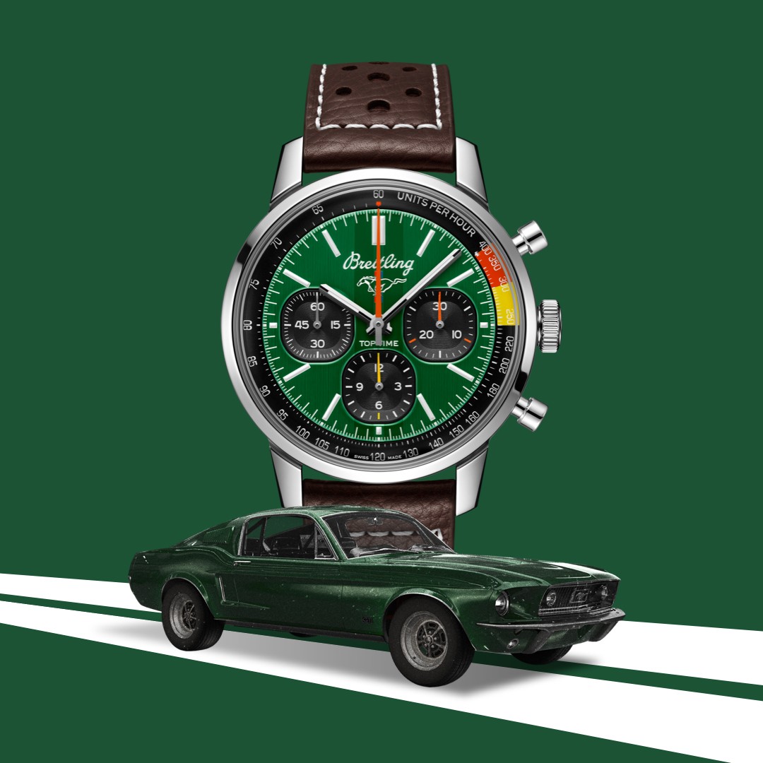 {generated} Breitling Top Time watch with green dial shown above a classic Ford Mustang, highlighting performance-inspired design.