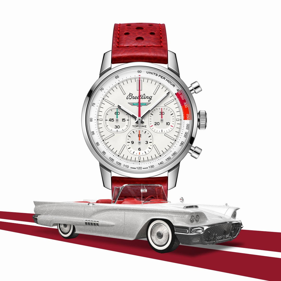 {generated} Breitling Top Time watch with red strap paired with a classic Ford Thunderbird, highlighting vintage automotive style.
