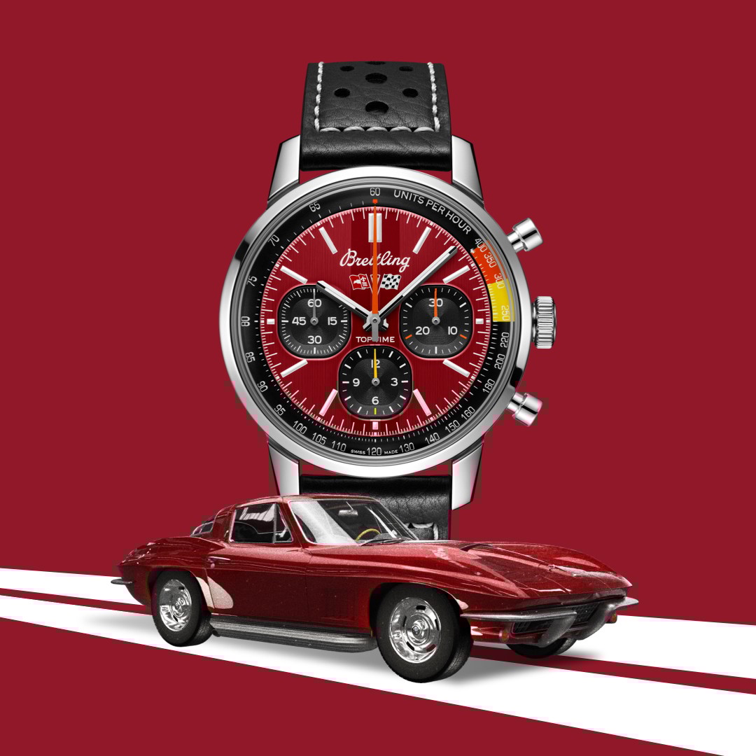 {generated} Breitling Top Time watch with red dial paired with a classic red Chevrolet Corvette against a sleek graphic backdrop