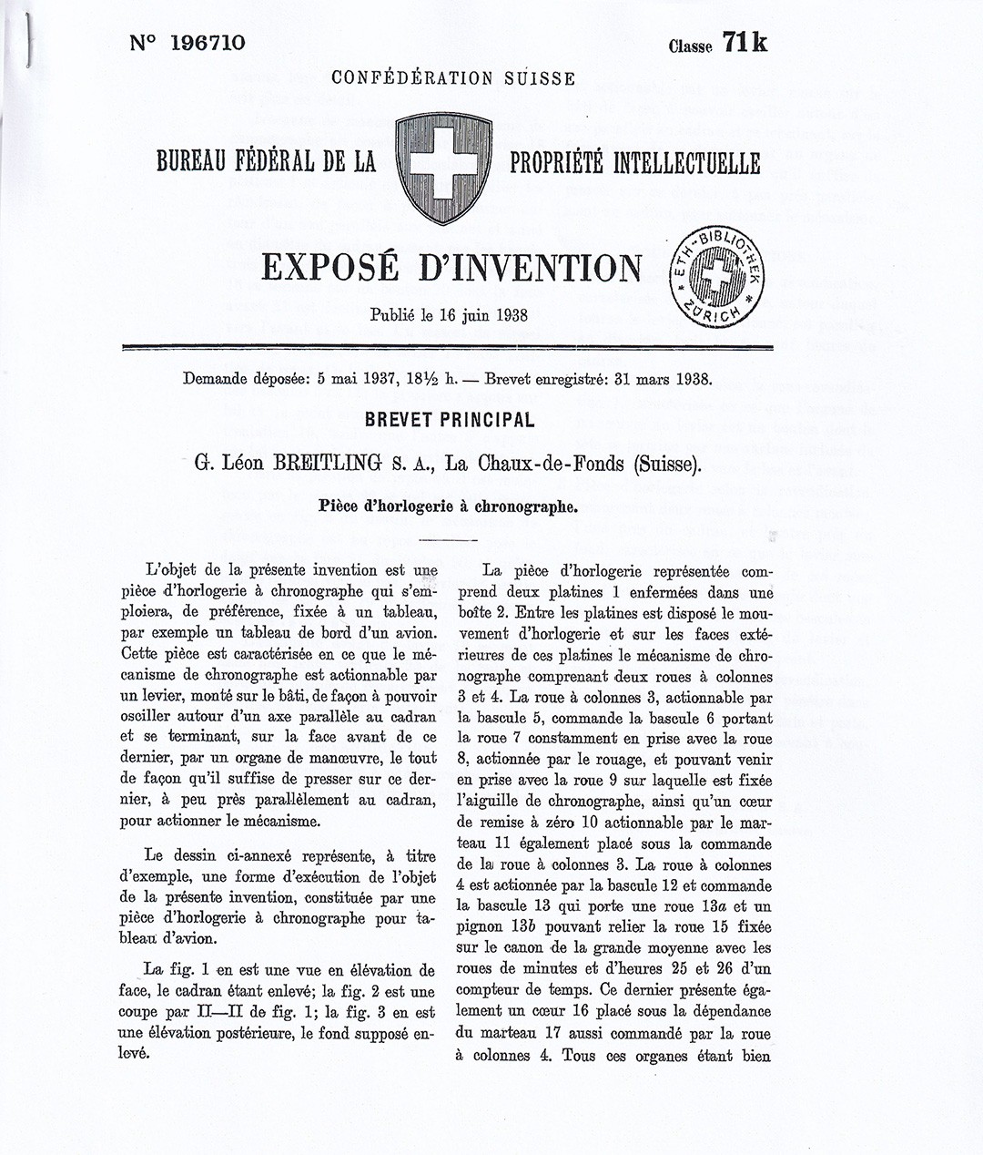 {generated} Historic Swiss patent document detailing a Breitling chronograph invention, highlighting technical descriptions and origin.