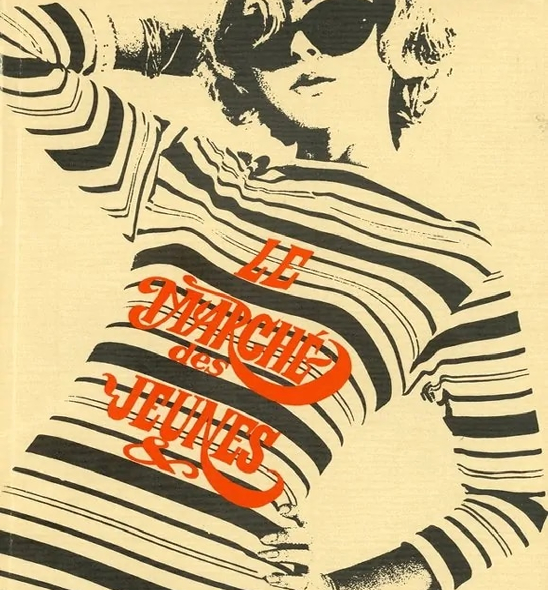 {generated} Figura vintage stilizzata con maglia a righe e occhiali da sole con il testo evidente “Le Marché des Jeunes” in stile Top Time