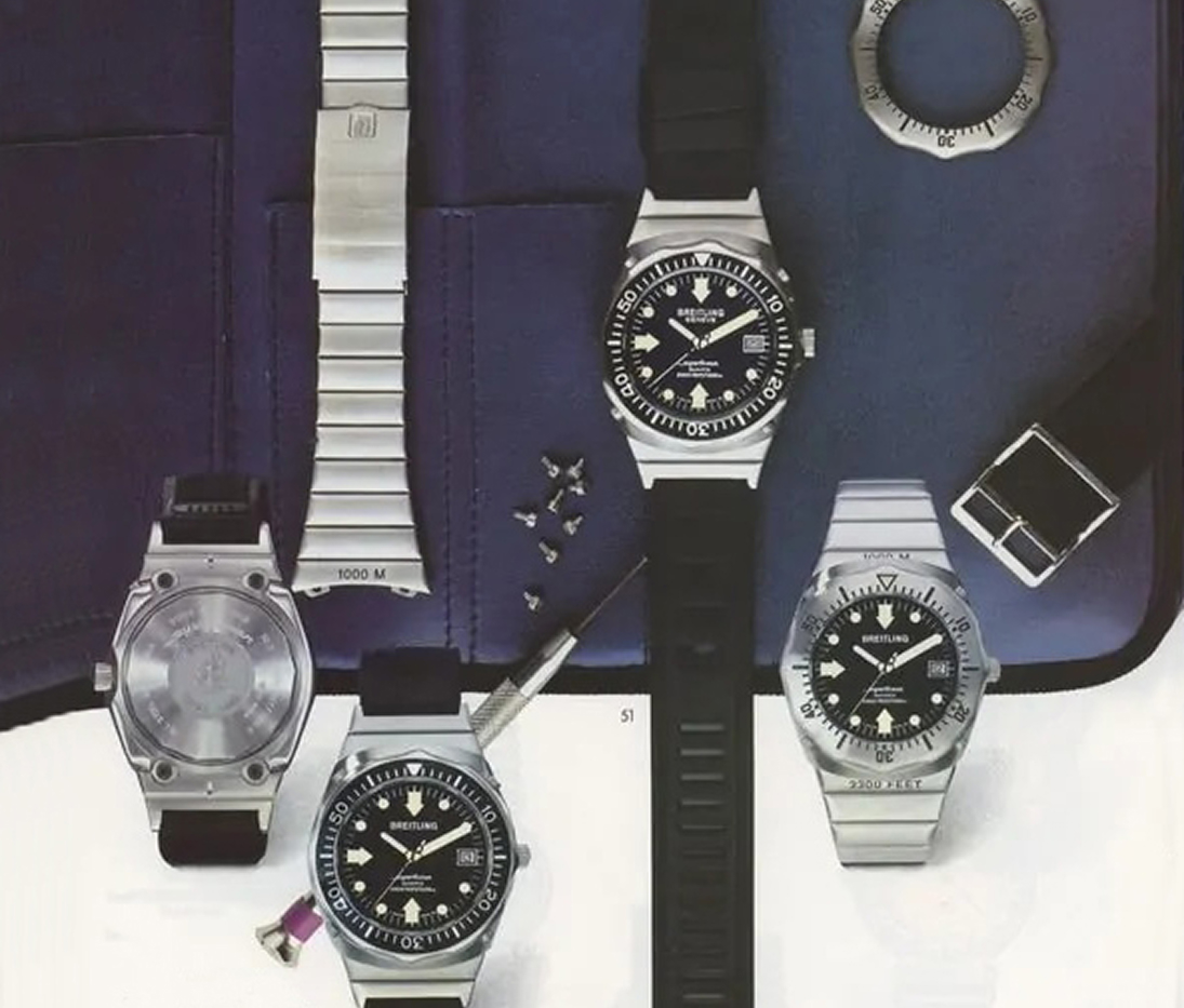 {generated} Orologi Breitling Superocean Deep-Sea con quadranti neri esposti con cinturini, strumenti e componenti per evidenziare i dettagli.