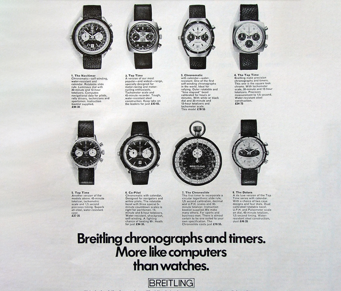 {generated} Vintage Breitling media layout presenting chronograph models, including the Automatic Co-Pilot, with detailed specs