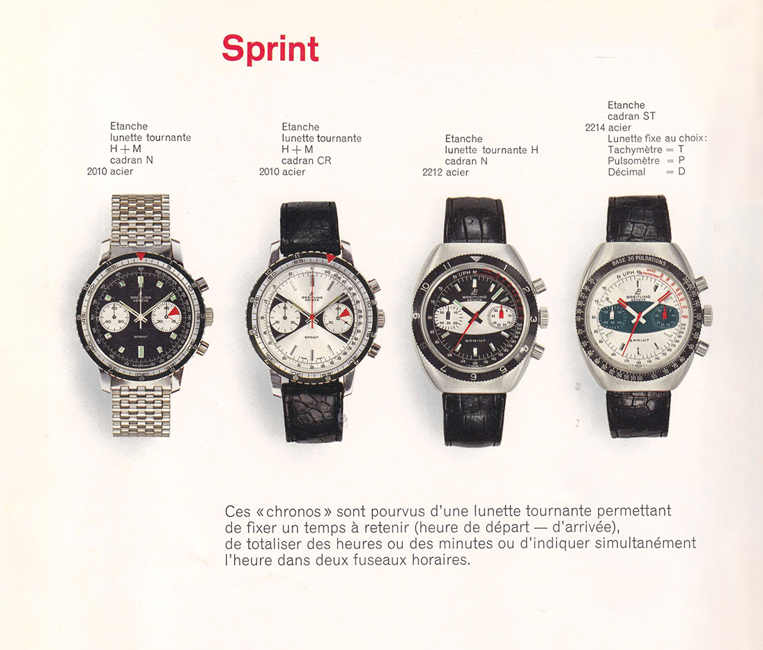 {generated} Modelli Breitling Top Time Sprint in un catalogo vintage, con vari quadranti e cinturini disposti uno accanto all’altro