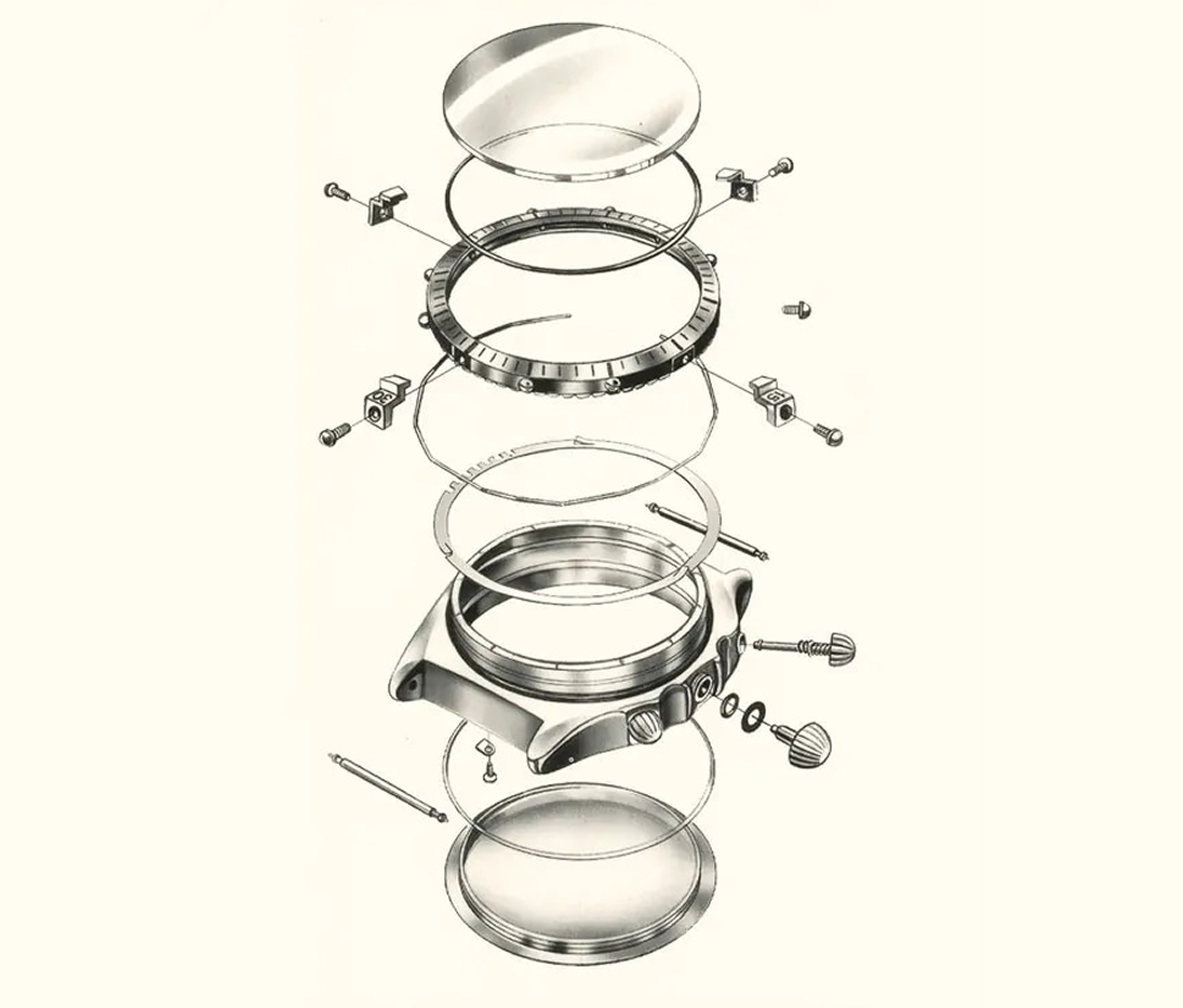 {generated} Breitling機械式時計の構成部品を示す分解図で、ケースやベゼル、クリスタルが精密に配置されている