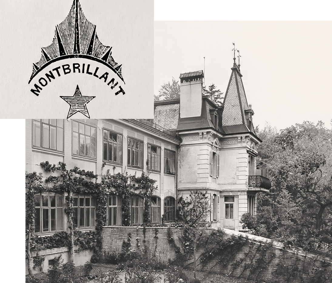 {generated} Historic Montbrillant building beside trees with archival crest, highlighting Breitling’s early workshop heritage.