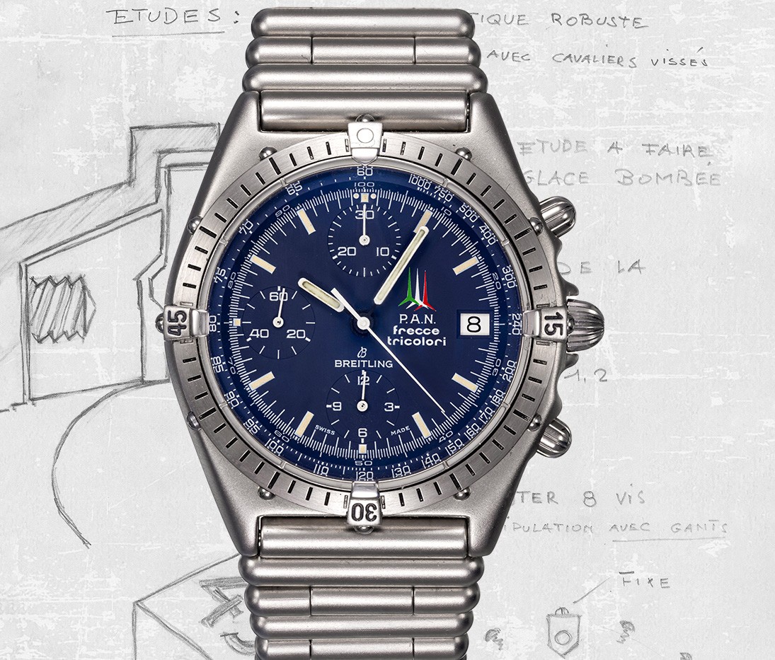 {generated} 青い文字盤とスチールブレスレットのBreitling Frecce Tricoloriクロノグラフが技術スケッチ背景に配置される