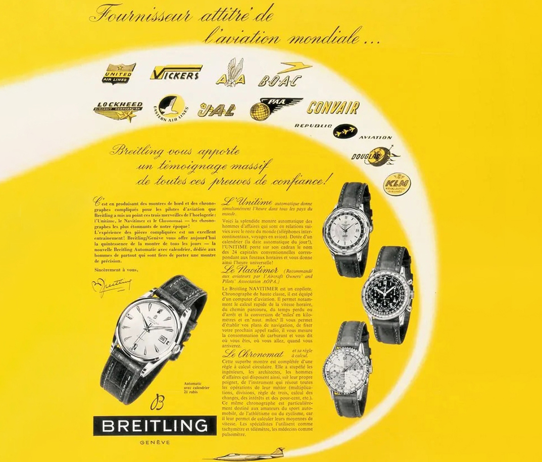 {generated} 黃色背景上呈現多款腕錶與歷史航空標誌的復古Breitling Navitimer廣告