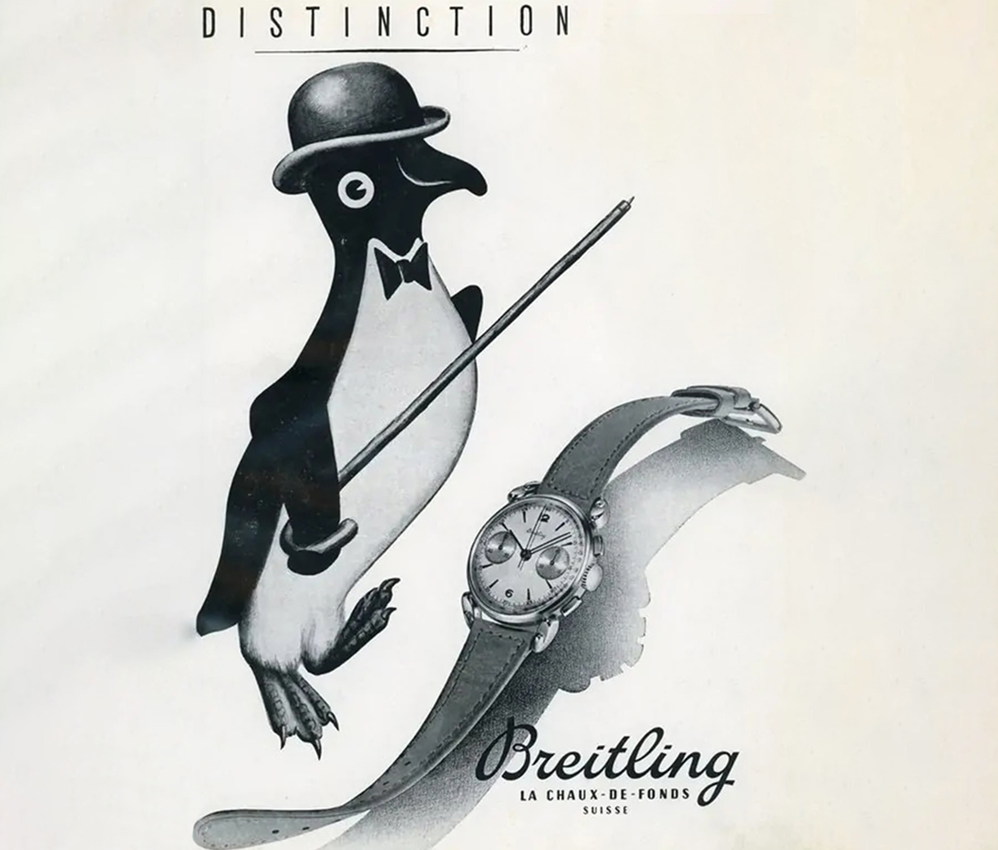 {generated} Vintage 1943 illustration showing a penguin presenting a Breitling chronograph on leather strap to convey refined style.