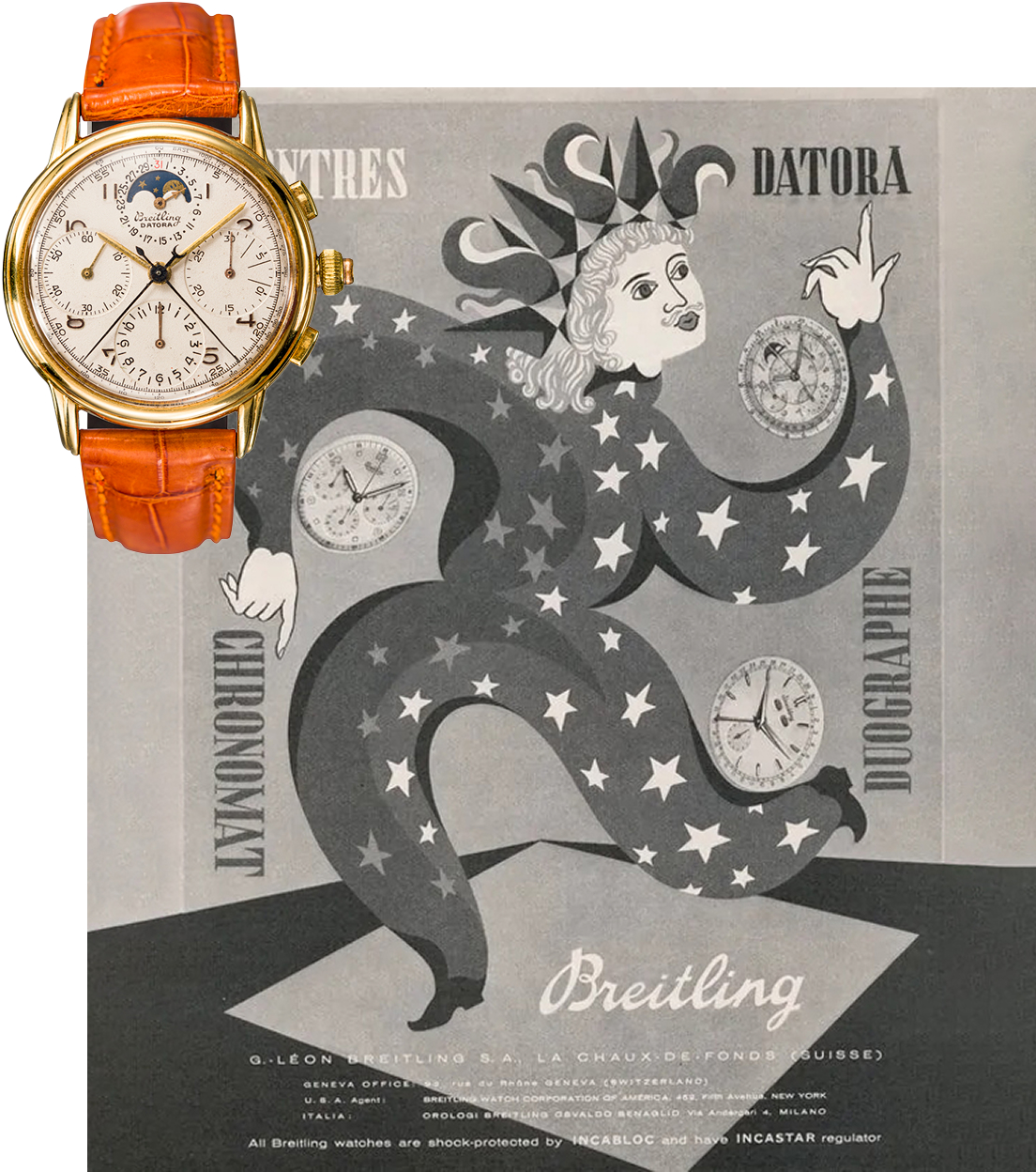 {generated} Breitling Datora watch with gold case and orange strap set against a vintage Breitling poster featuring timepieces