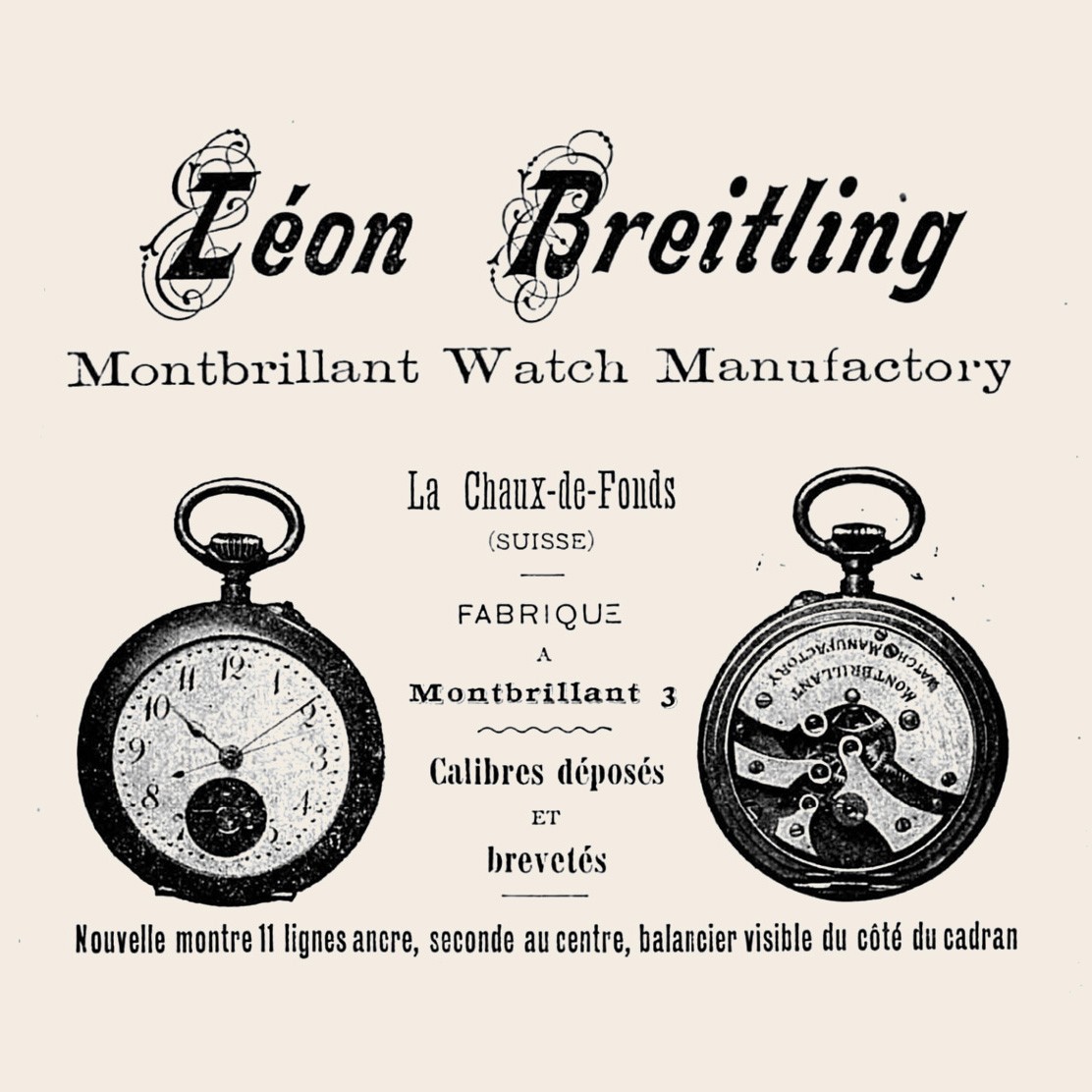 {generated} Vintage Léon Breitling advertisement featuring early Montbrillant pocket watches with ornate dials and exposed movement
