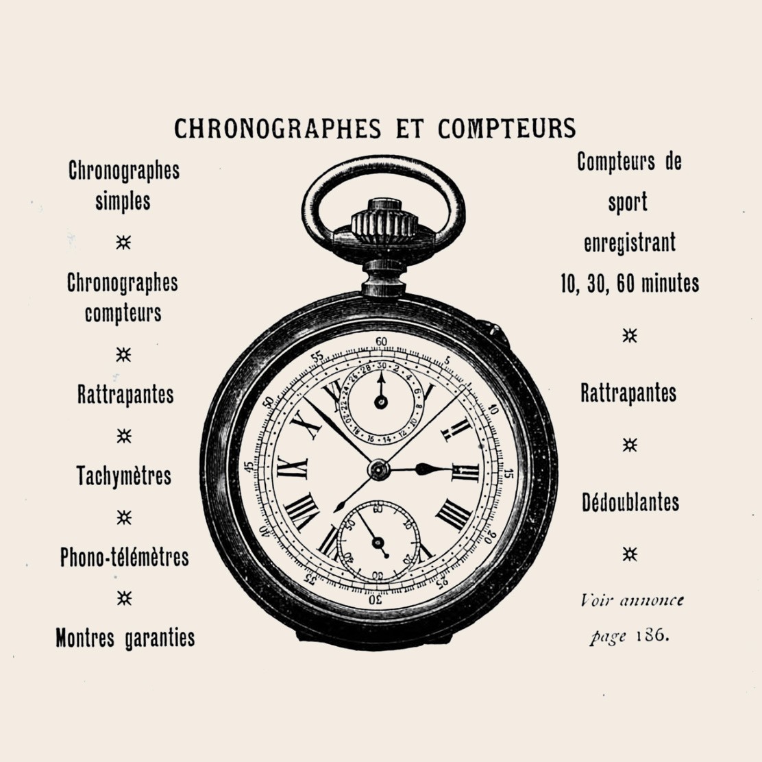 {generated} Vintage Breitling illustration showing an early chronograph pocket watch with detailed dials and French feature listings