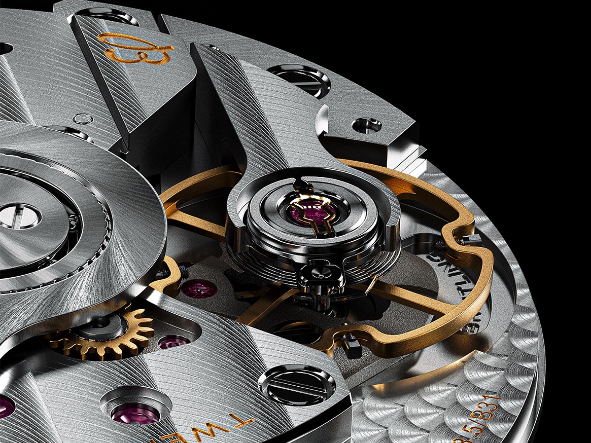 {generated} Detailed close-up of the Breitling Calibre B31 movement highlighting precise metal components and elegant finishing work