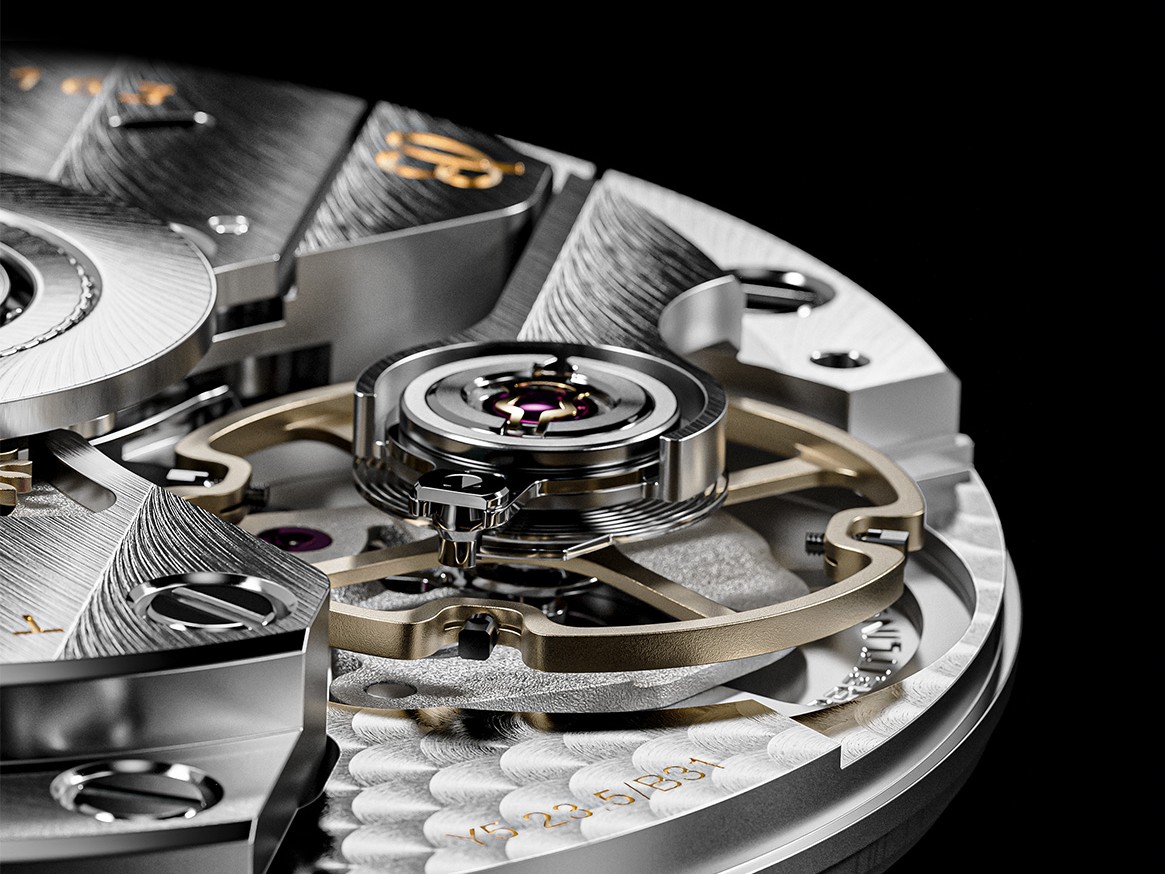 {generated} 特寫呈現Breitling Caliber B31機芯，強調精密金屬結構與細緻優雅的工藝質感