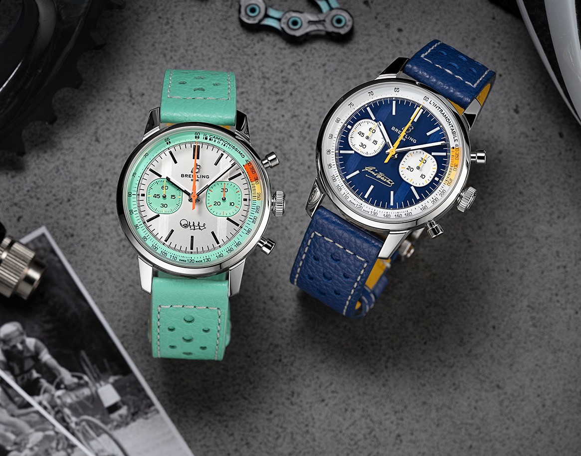 {generated} Relógios Breitling Top Time Bartali com mostradores e pulseiras coloridas exibidos lado a lado em cenário inspirado no ciclismo