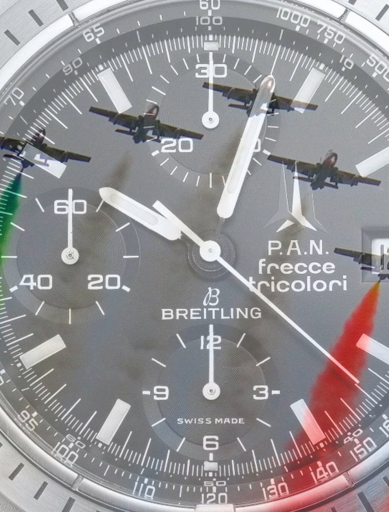 {generated} Close-up of the Breitling Chronomat dial with Frecce Tricolori accents and aircraft imagery highlighting the aviation link