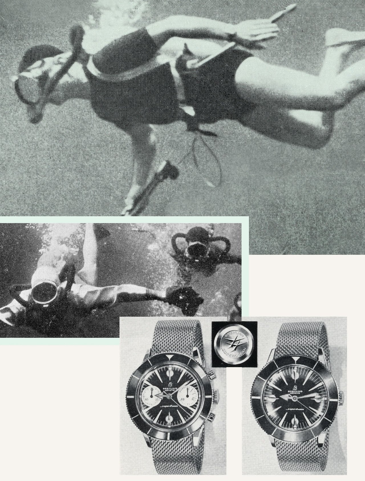 {generated} Vintage divers underwater with classic Breitling Superocean watches presented to emphasise the model’s aquatic heritage