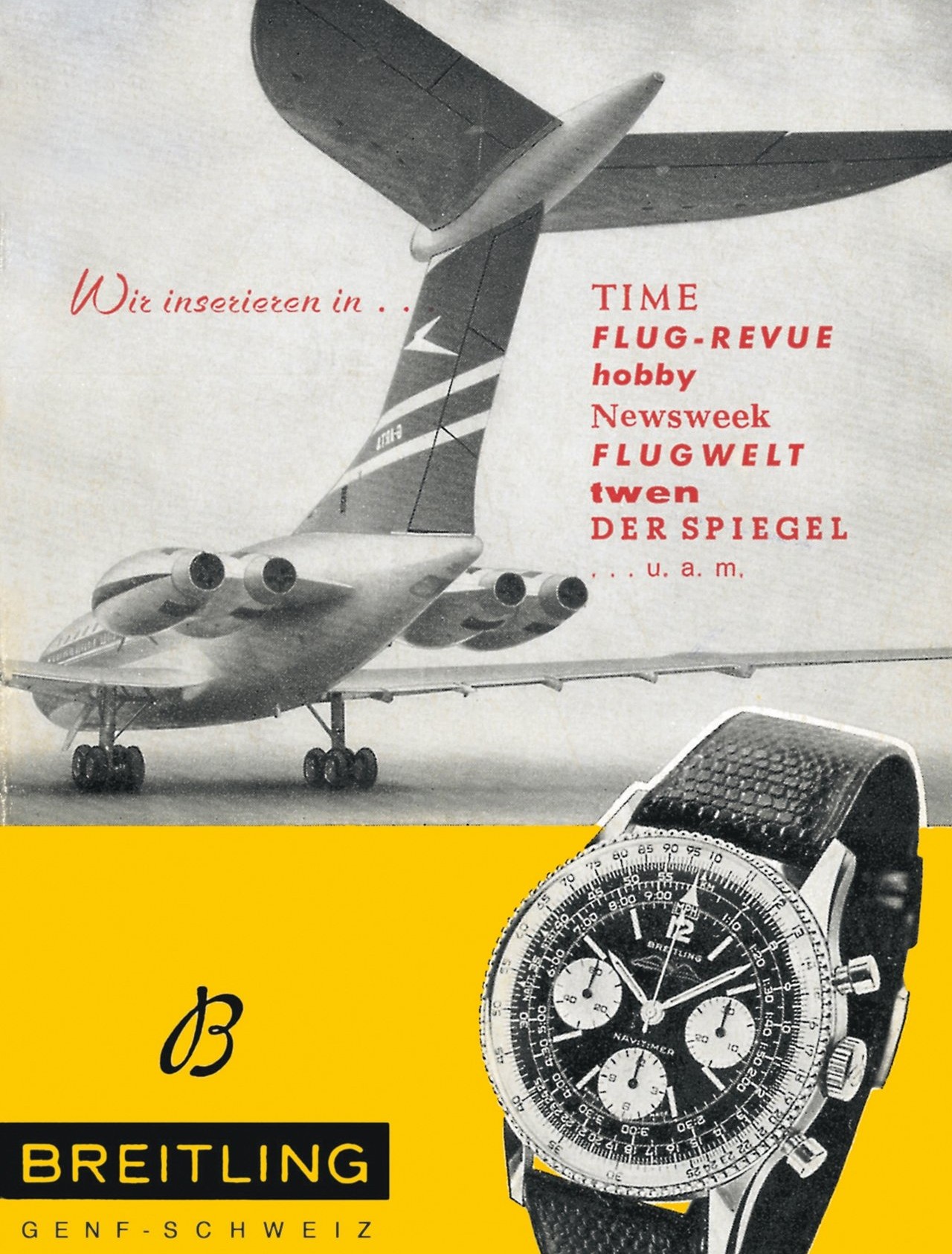 {generated} Scène aéronautique vintage avec un avion à réaction au-dessus d’une présentation marquée de la Breitling Navitimer soulignant son héritage pilote