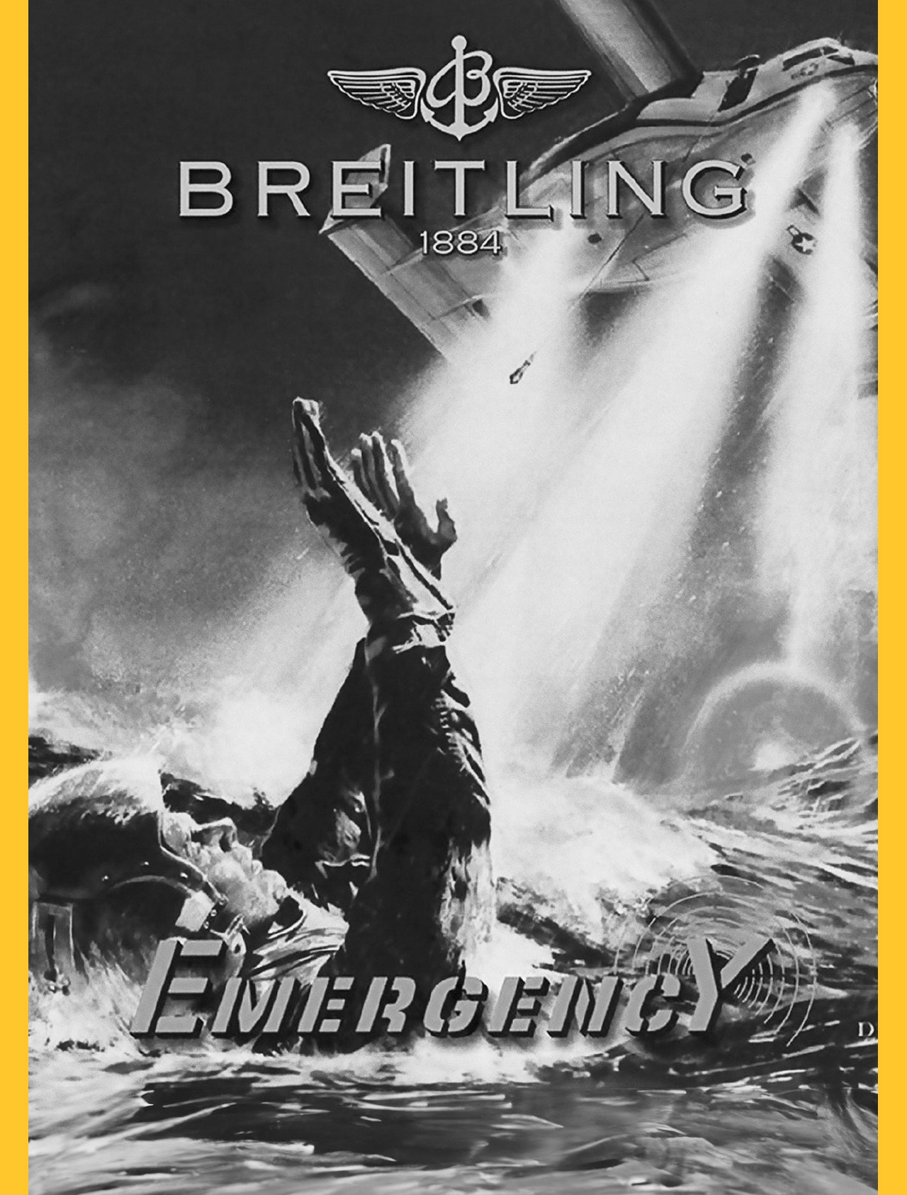 {generated} Dramatic sea rescue scene with a survivor reaching toward a helicopter, highlighted by Breitling Emergency branding.