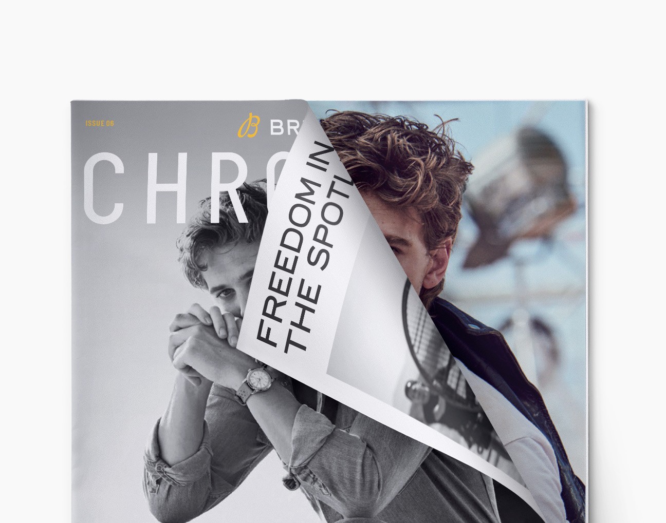 {generated} Austin shown on set in a layered magazine layout, wearing a Breitling watch with the Breitling branding visible.