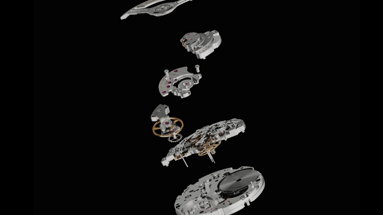 {generated} Breitling Manufacture Caliber以爆炸視圖呈現多層機械組件，置於深色背景之上