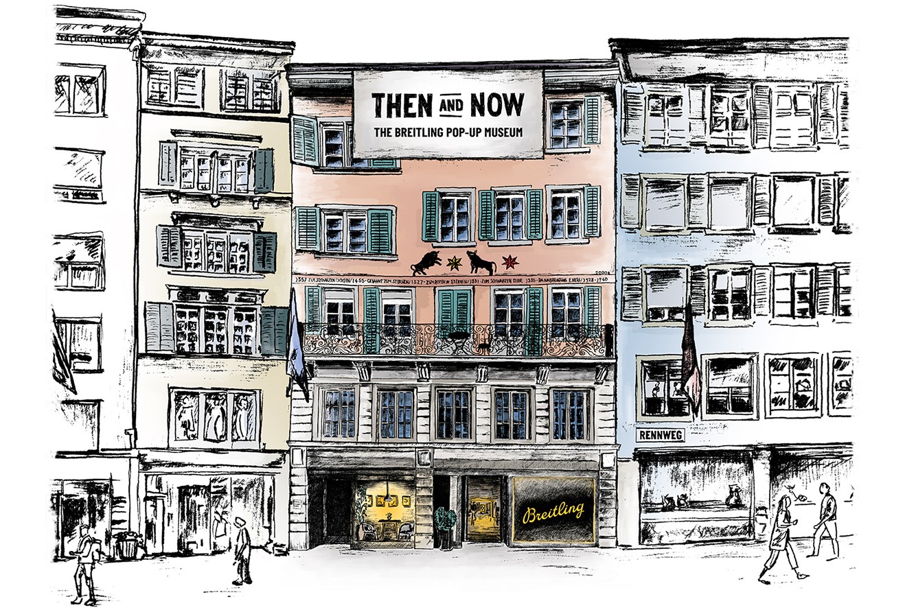 {generated} Illustrated street scene featuring the Breitling pop-up museum entry with signage set into a detailed historic-style facade.