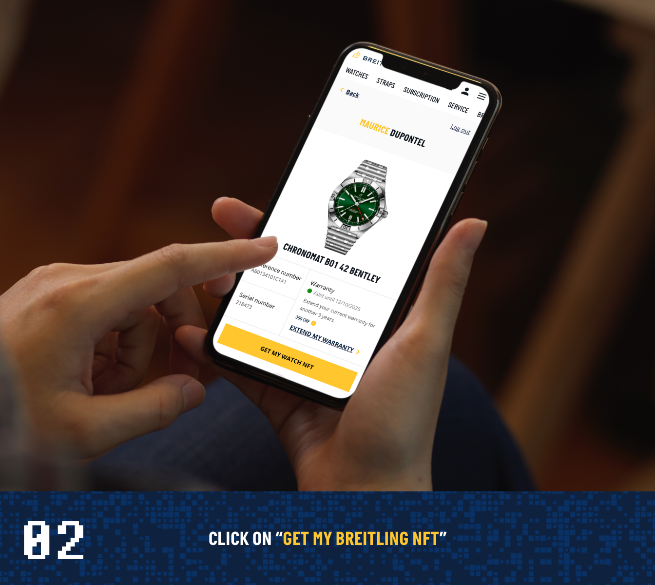 {generated} 手がブレイトリングのクロノマットB01 42ベントレーを示す画面を持ち、利用者がGet My Breitling NFTを選択している