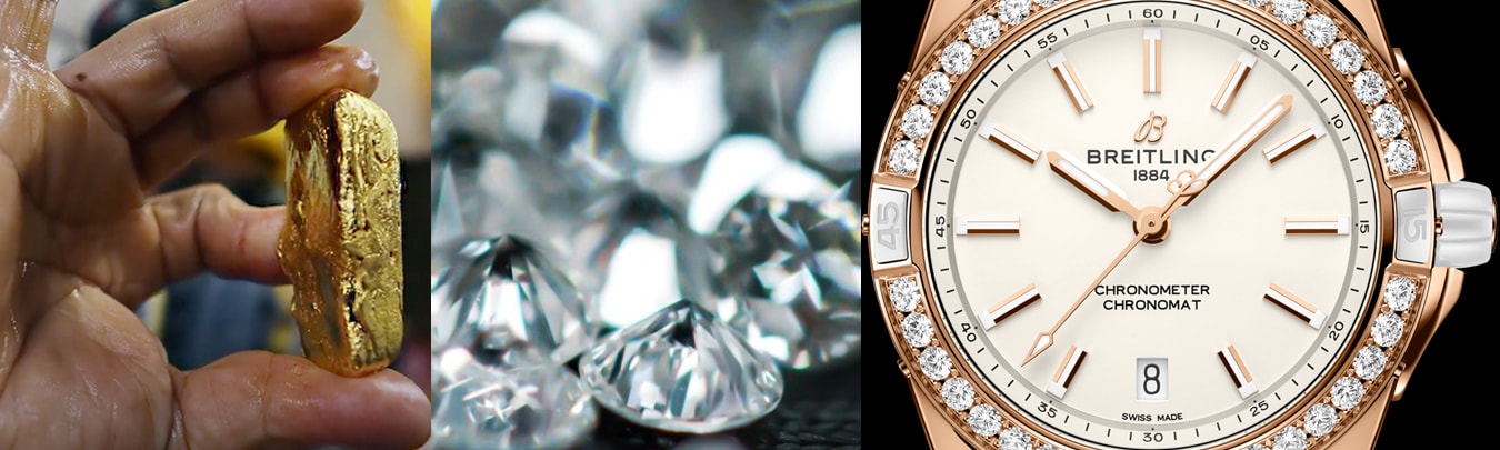 {generated} Ethically sourced gold and diamonds shown beside a Breitling Chronomat watch, highlighting the Origins Label story