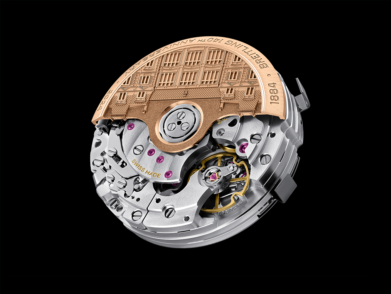 {generated} Breitling Caliber B19機芯特寫，展現金色自動陀、可見紅寶石軸承與精密機械細節