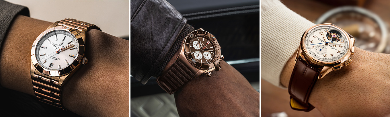 {generated} 3本のゴールドのBreitling腕時計が手首に並び、精緻な文字盤と磨かれた仕上げが洗練されたモザイクで映える